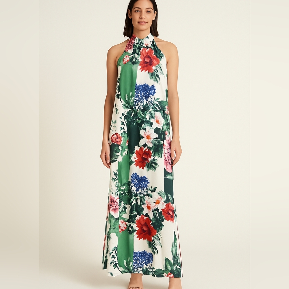 Donna Ricco Women's Floral  Halter  Maxi Dress, loose sleeveless Size 16